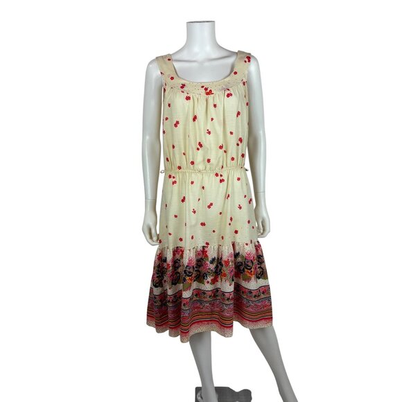 Vintage 70s Prairie Sundress Womens Large Peacock Bird Border Print Fit N Flare - Picture 2 of 12